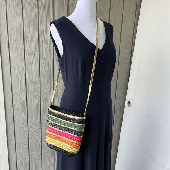 Vintage Rainbow Straw Crossbody Bag w/ Gold Strap – Colorful Boho Style - Picture 8 of 8